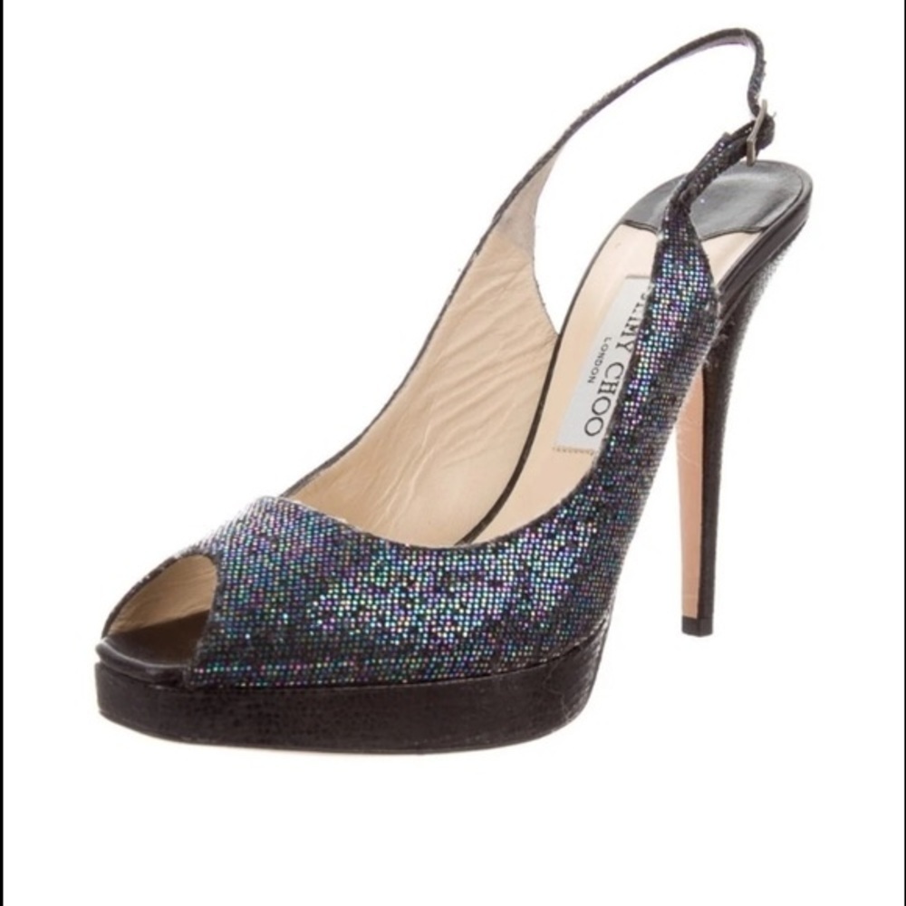Jimmy Choo Clue Multi Sequin Glitter Slingback Peep Toe Platform Heels 39.5